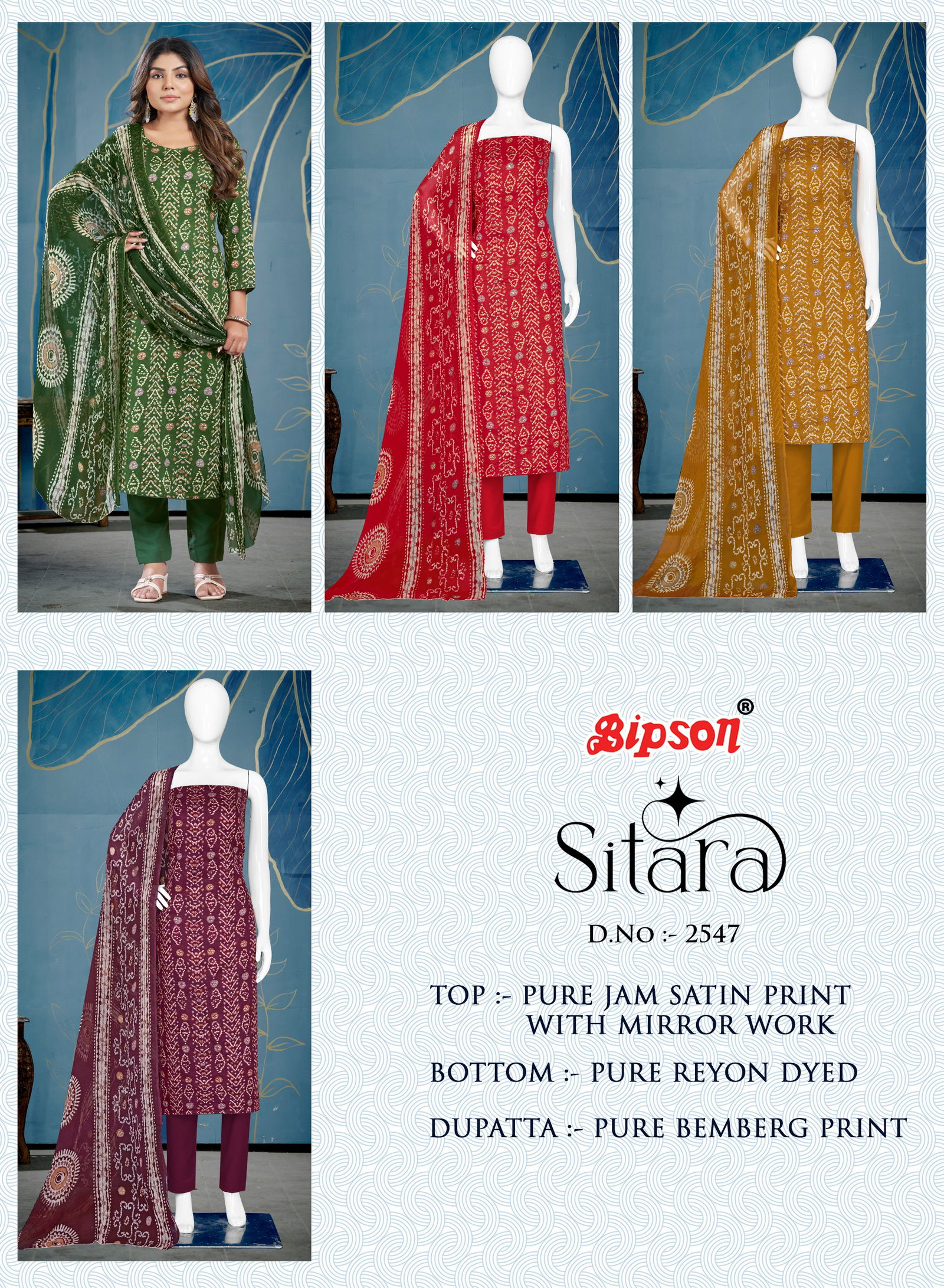 Sitara 2547 By Bipson Jam Satin Mirror Work Printed Dress Material Wholesale Market In Surat